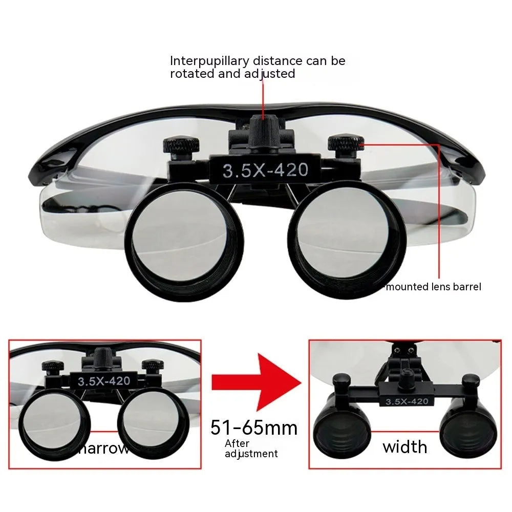 Black plastic head-mounted dental magnifying glass with LED light and 3.5X magnification lens