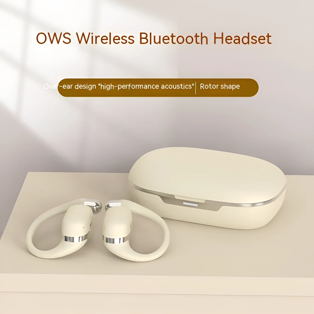 True wireless Bluetooth headset with ear hook design, ABS construction, and 500mAh battery in electroplated black finish