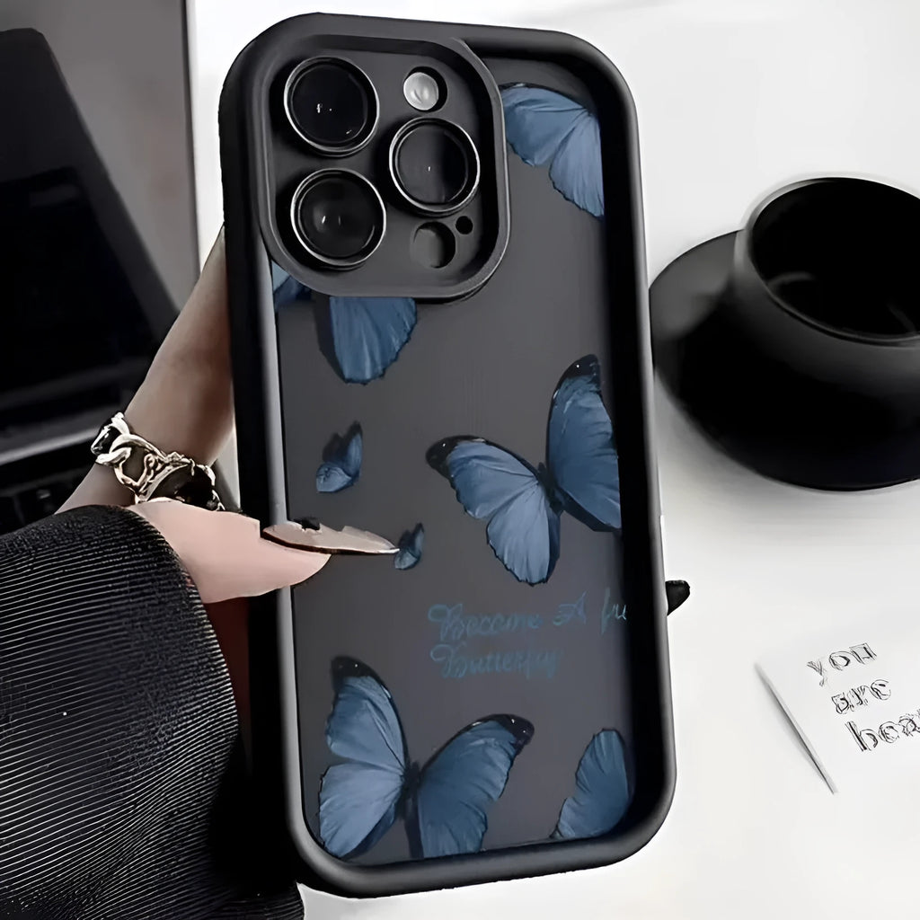 Blue butterfly printed edging drop-resistant TPU phone case for iPhone in black colour