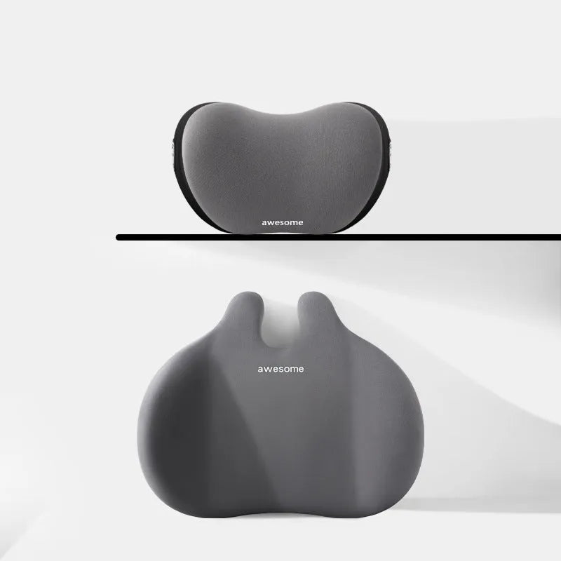 Car headrest and lumbar support pillow set in cloth material, shown in available colours.
