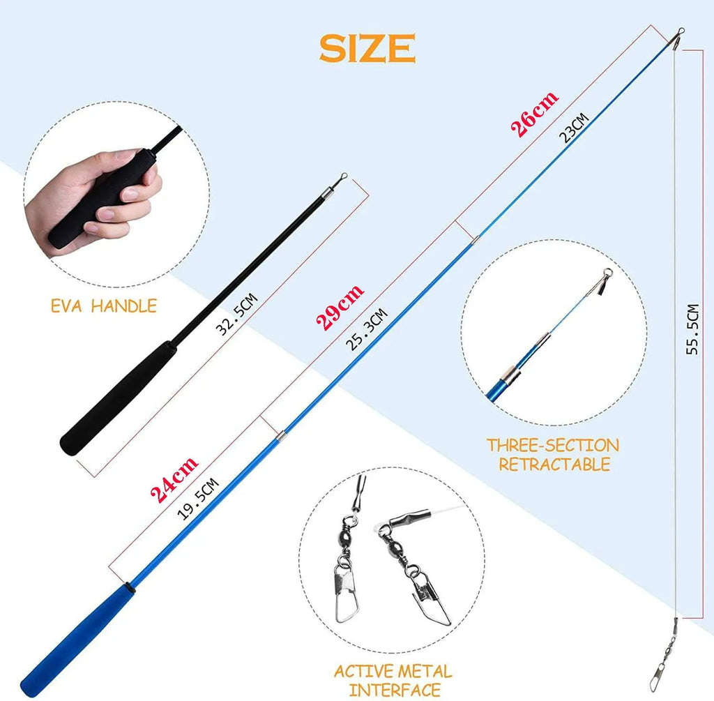 Cat fishing rod toy with feather teaser head and replacement components on blue background