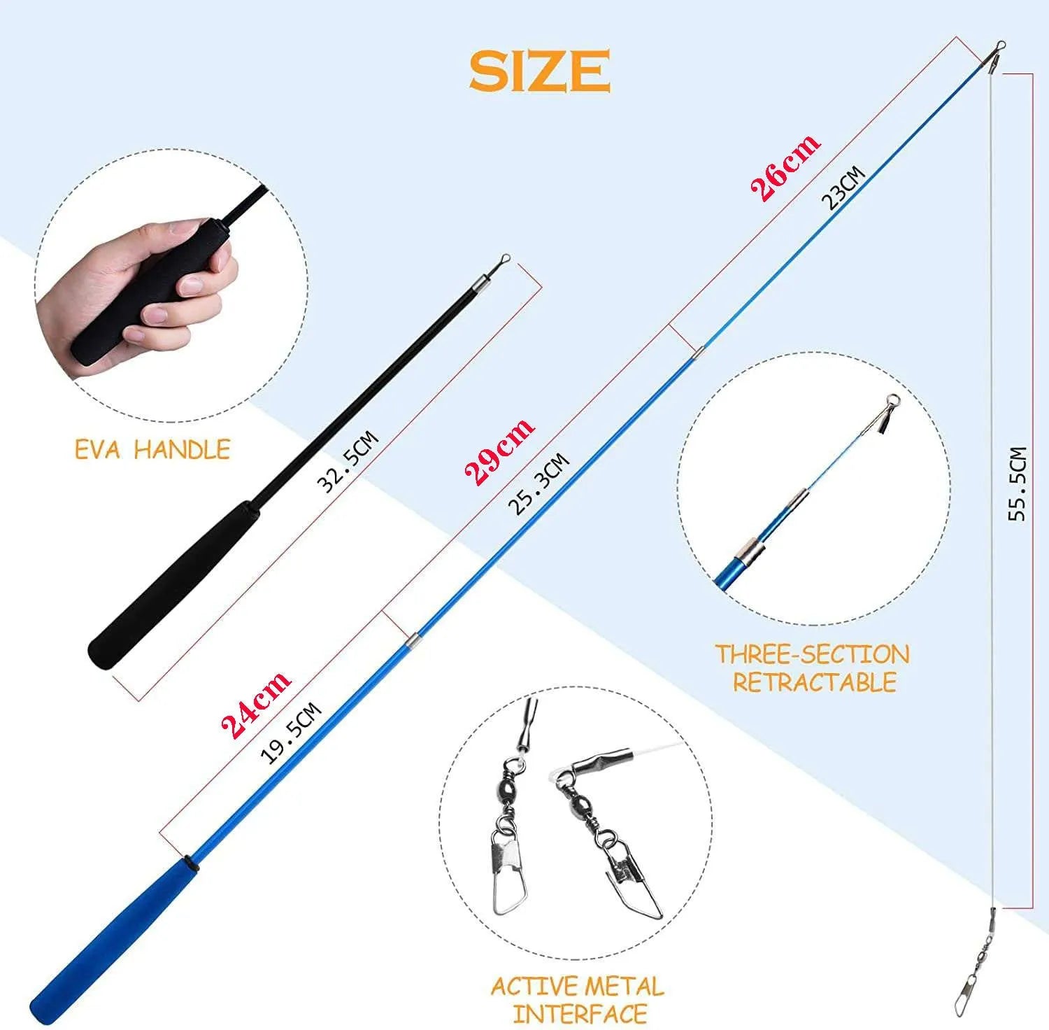 Cat fishing rod toy with feather teaser head and replacement components on blue background