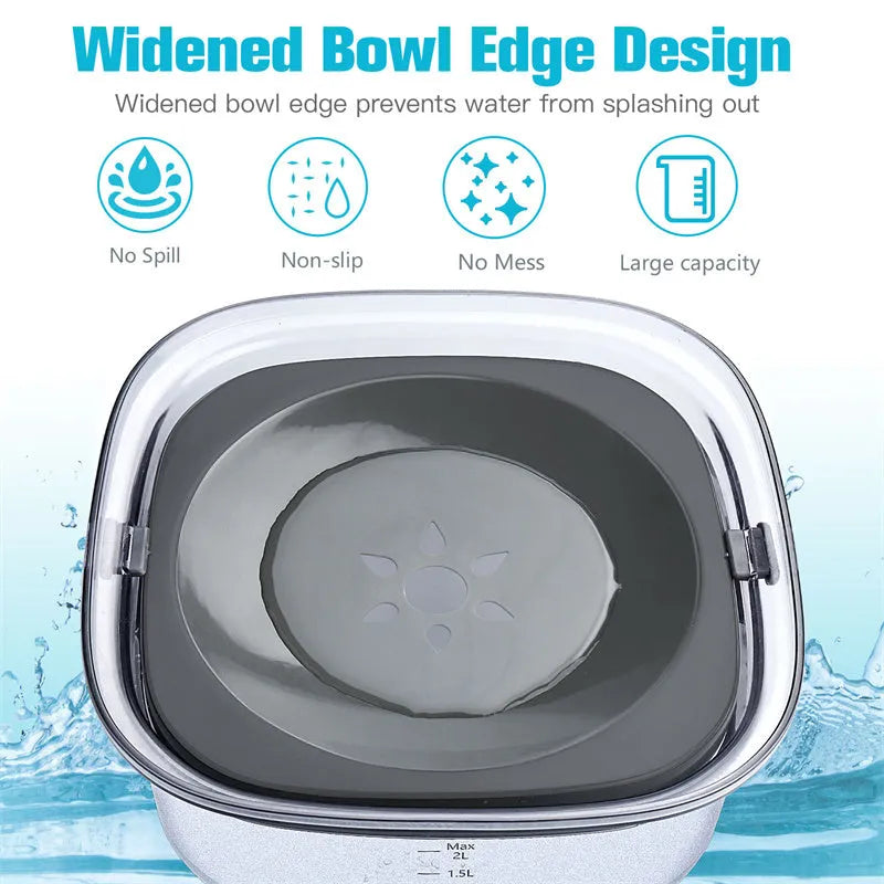Transparent plastic pet water bowl with floating disc showing water level and non-slip base