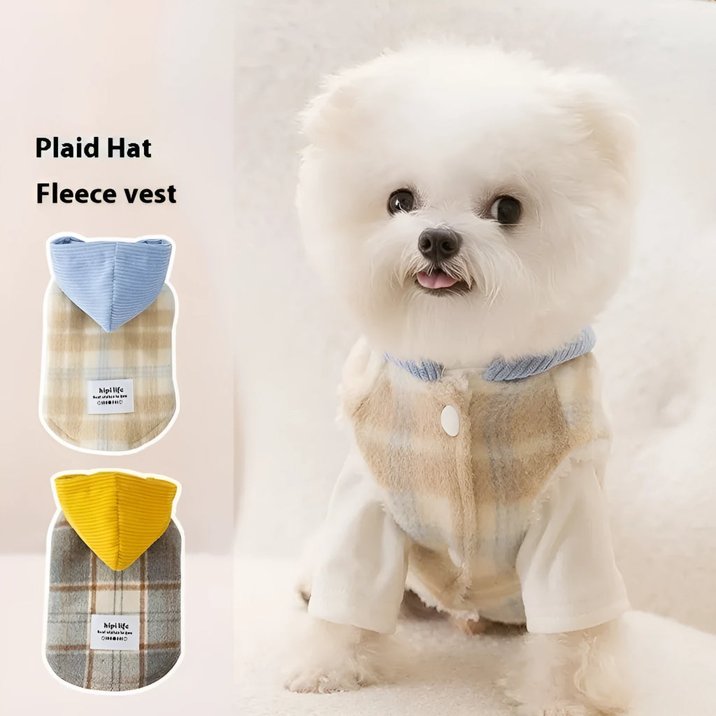 Blue hooded dog vest with chessboard grid pattern in corduroy fabric for autumn winter wear
