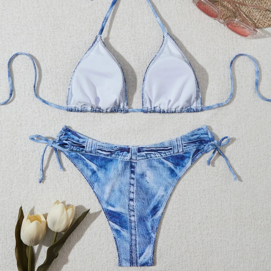 Women's denim blue printed bikini set with strappy design, two-piece swimwear for beach and pool