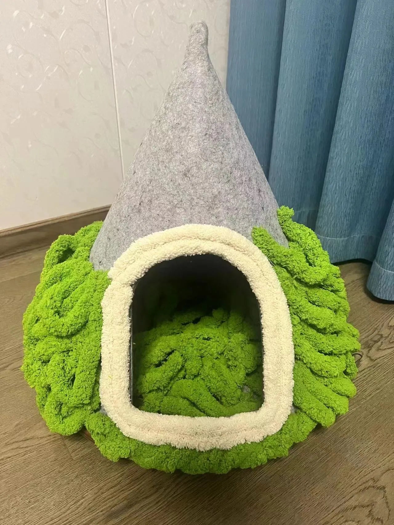 Grey handmade felt cone cat house with 50cm diameter base