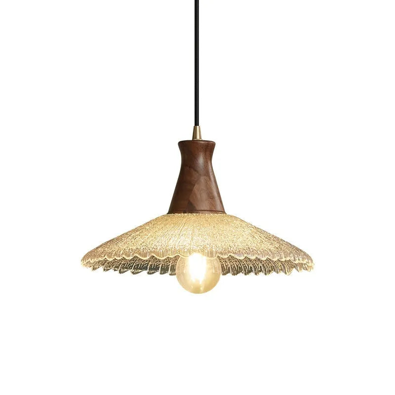 Retro simple wood and glass ceiling chandelier with brass finish in small, medium, or large size.