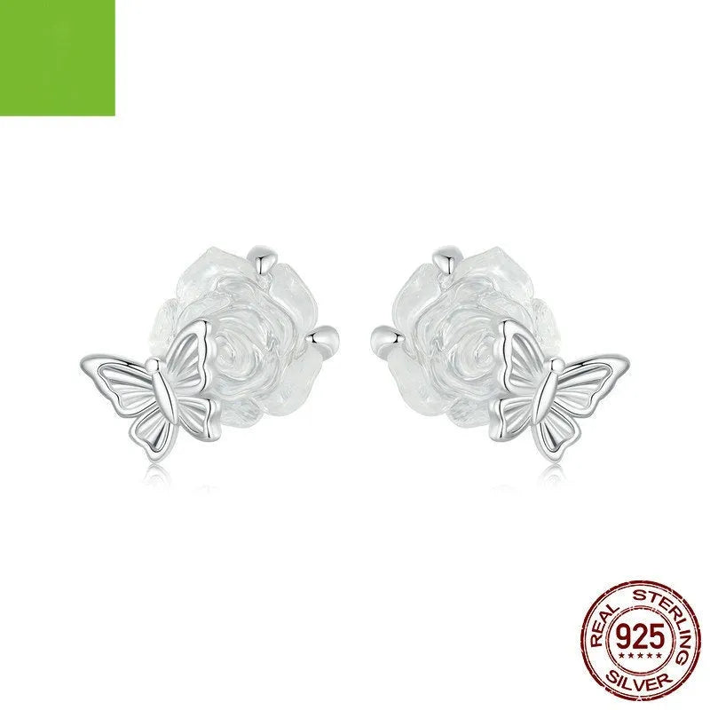 S925 sterling silver rose flower ear studs electroplated finish sweet style women