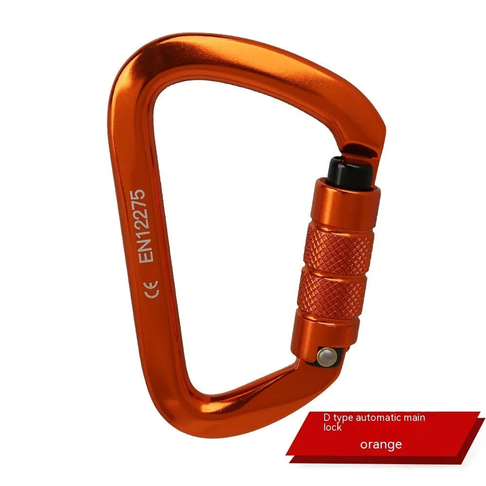 D-shaped climbing carabiner with colour options including black, blue, orange, red, and silver red