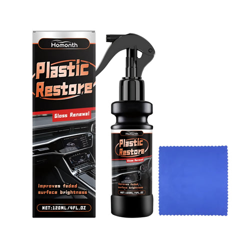 Automobile plastic repair agent 120ml bottle with towel on black car dashboard trim