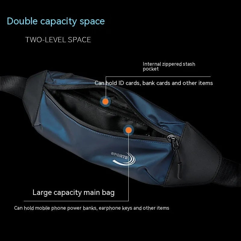 Men's solid-colour waterproof sports waist bag in Derm Oxford polyester, shown in blue, black, or grey