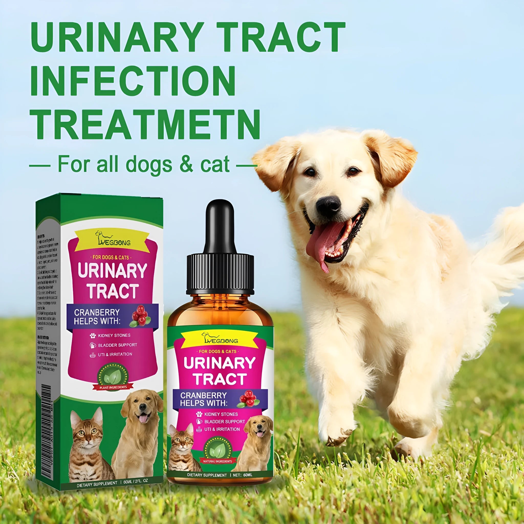 60ml pet pain relief drops bottle with botanical extracts measuring 3.2 by 11.5cm