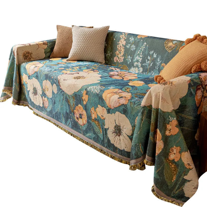 Oil painting cotton braided sofa slipcover with geometric pattern on a beige sofa, vintage colours, full coverage design