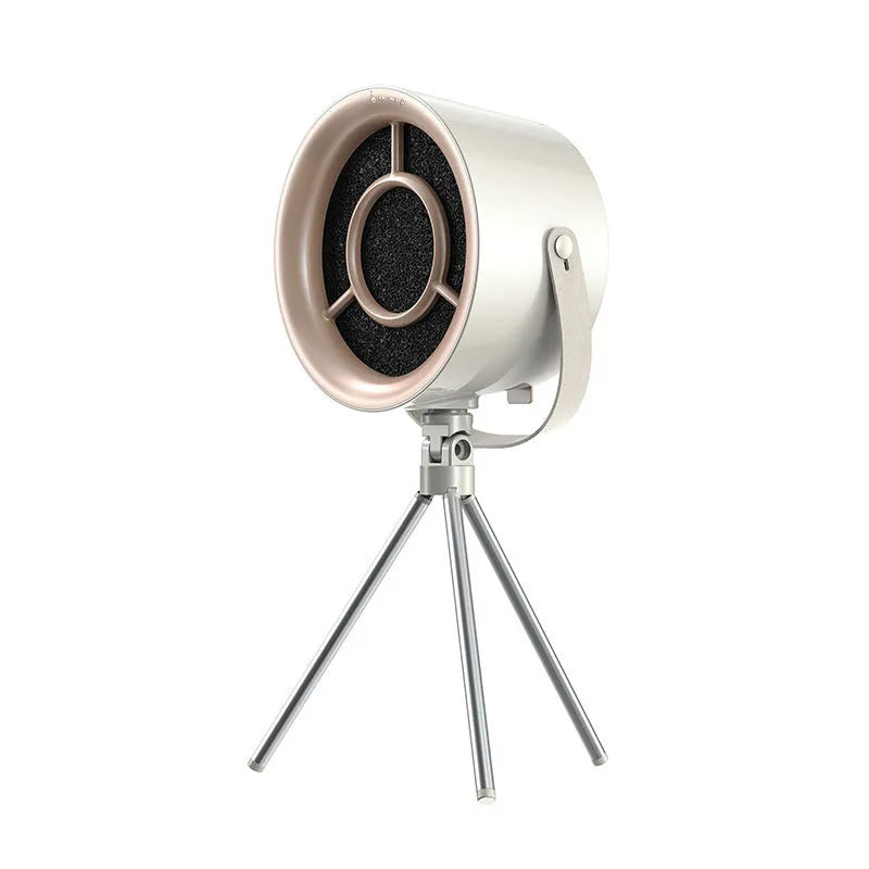 Milky white portable desktop exhaust fan with USB cable and removable filter on tripod stand