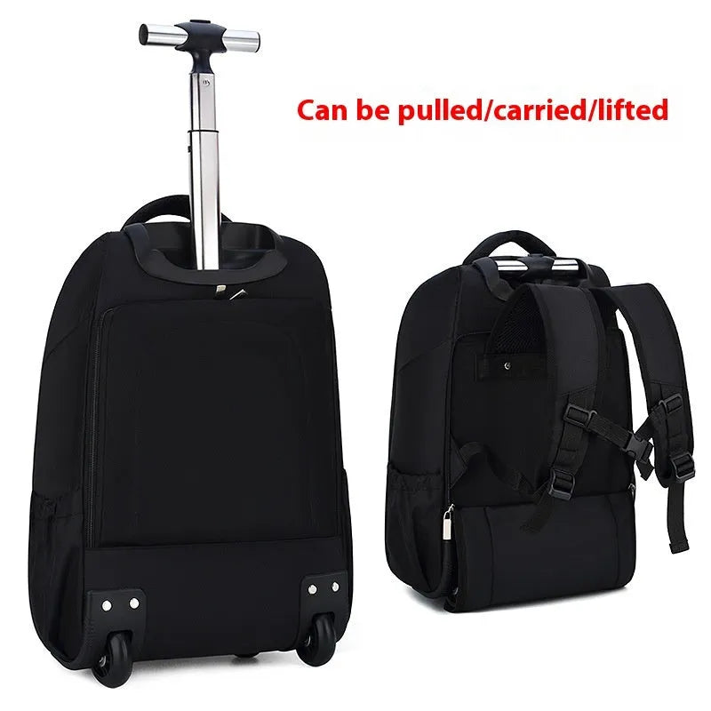 Black 18-inch nylon business backpack trolley bag with letter pattern lining and shoulder straps