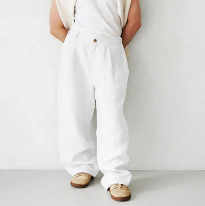 Men's loose high-waist linen jogger pants in a straight-leg cut, shown in a neutral colour.
