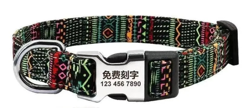 Striped canvas dog collar with semi-metal buckle in bohemian blue colour with adjustable sizing.