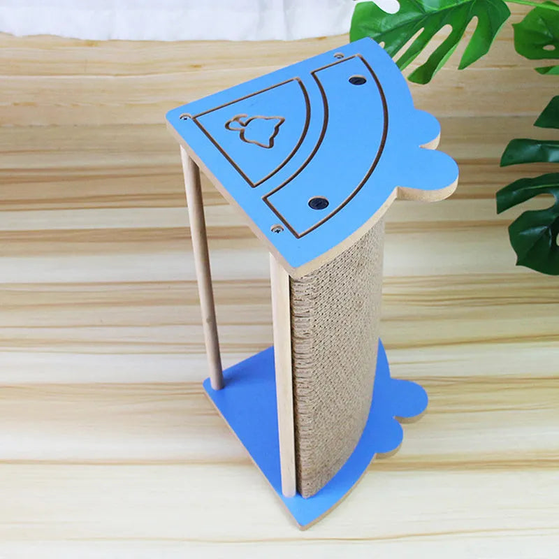 Cat corner scratcher cardboard with hanging ball, placed in a corner, vertical design for kitty scratching and play.