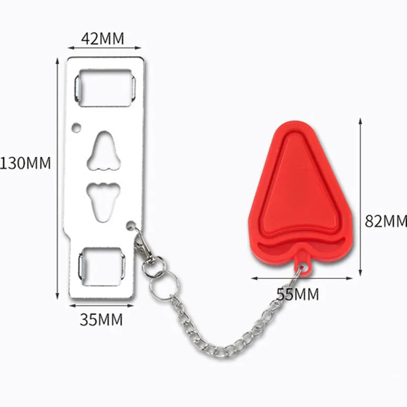 Red portable door safety latch lock with chrome plating installed on interior door jam for anti theft use