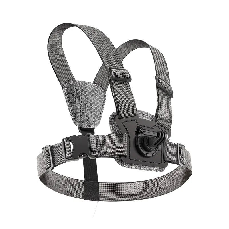 Chest mount kit with chest strap, adapter, phone clip, curved extension rod, and anti-shake rope for dual-camera action camera setup
