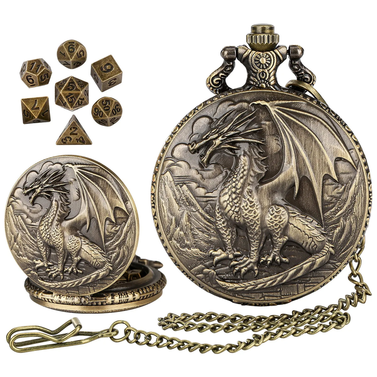 Bronze dice set with 3D carved pocket watch showing seven polyhedral metal dice inside zinc alloy case
