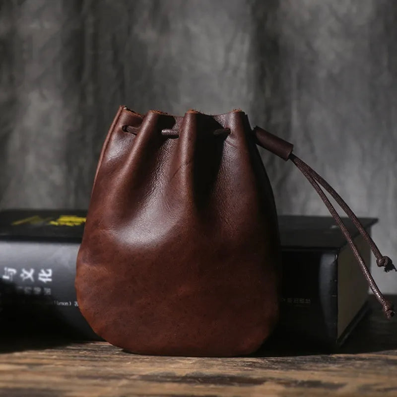 Vintage cowhide leather drawstring wallet in retro style showing two size options