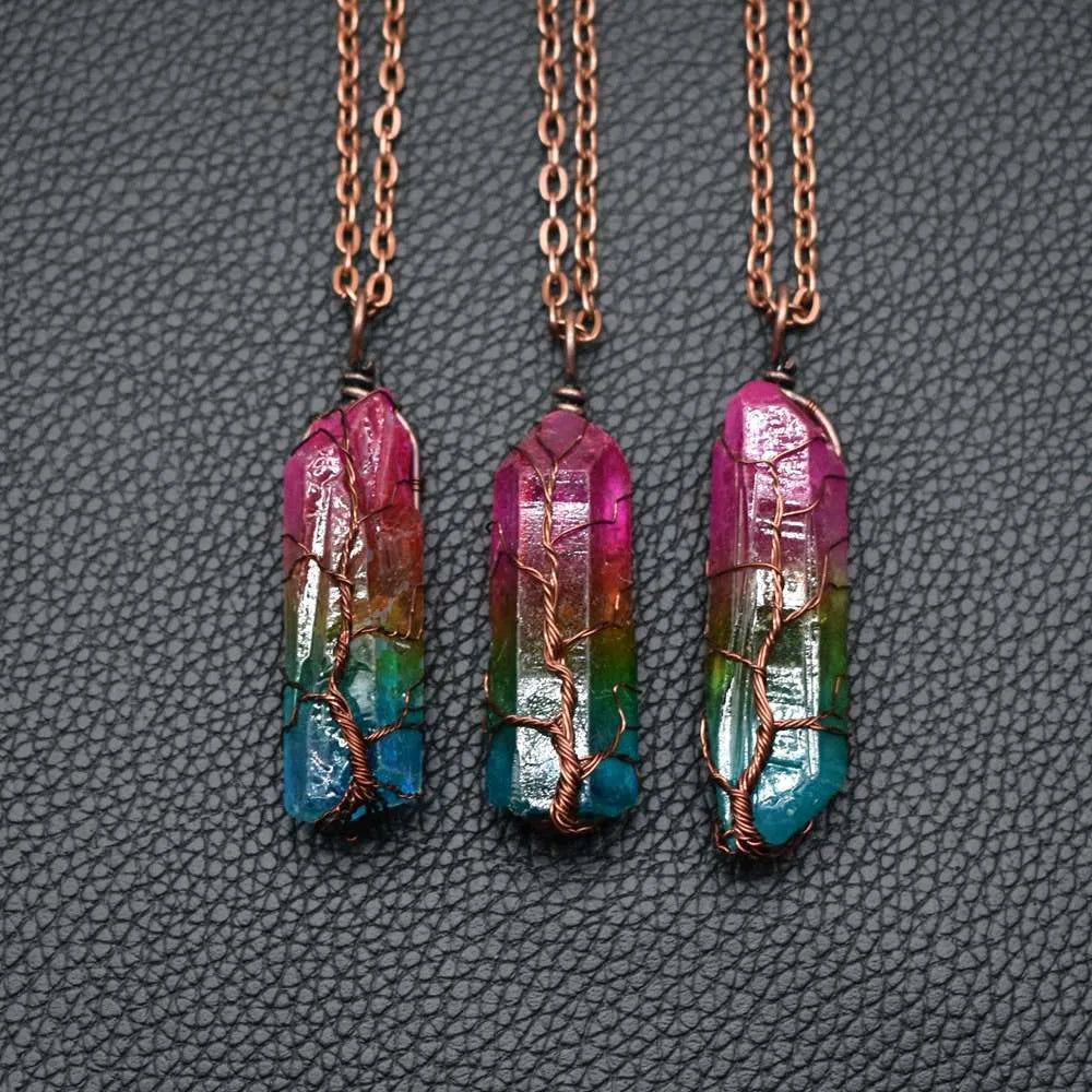 Stone crystal pillar tree of life pendant necklace with adjustable O-chain, rainbow and carnelian colour options