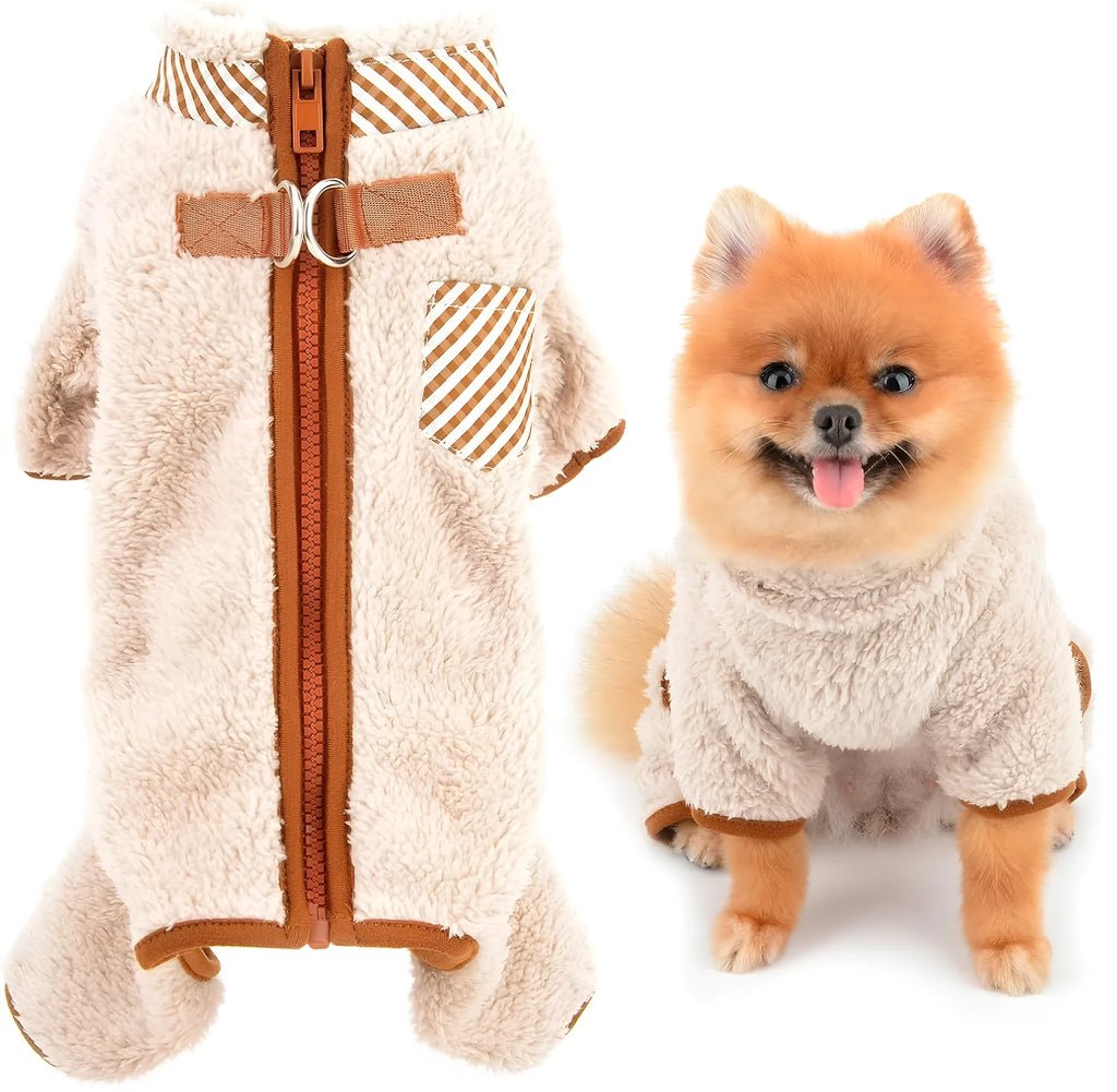 Green fleece dog jumpsuit with four legs and back zipper for small breed winter wear