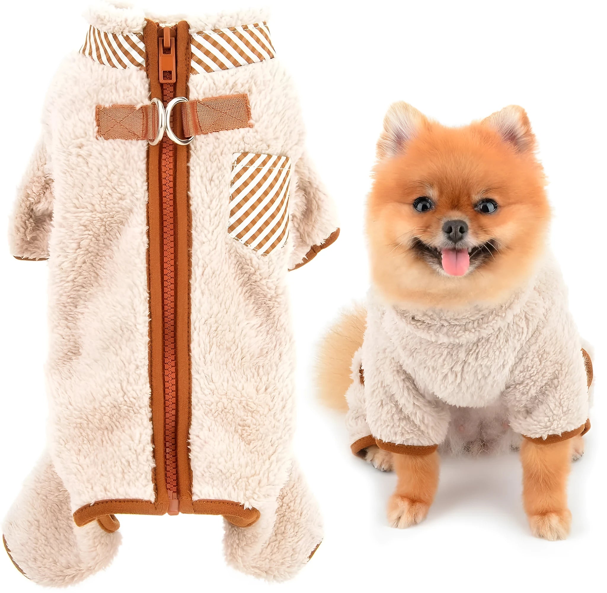 Green fleece dog jumpsuit with four legs and back zipper for small breed winter wear