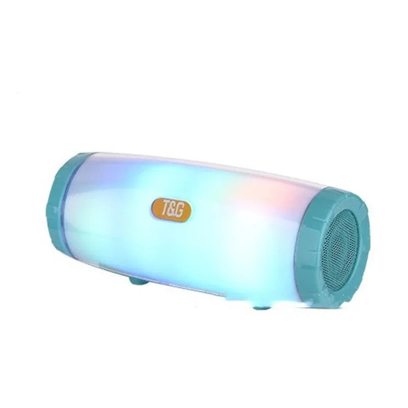 Portable Bluetooth speaker with coloured LED lights in a choice of five colours including black and blue.