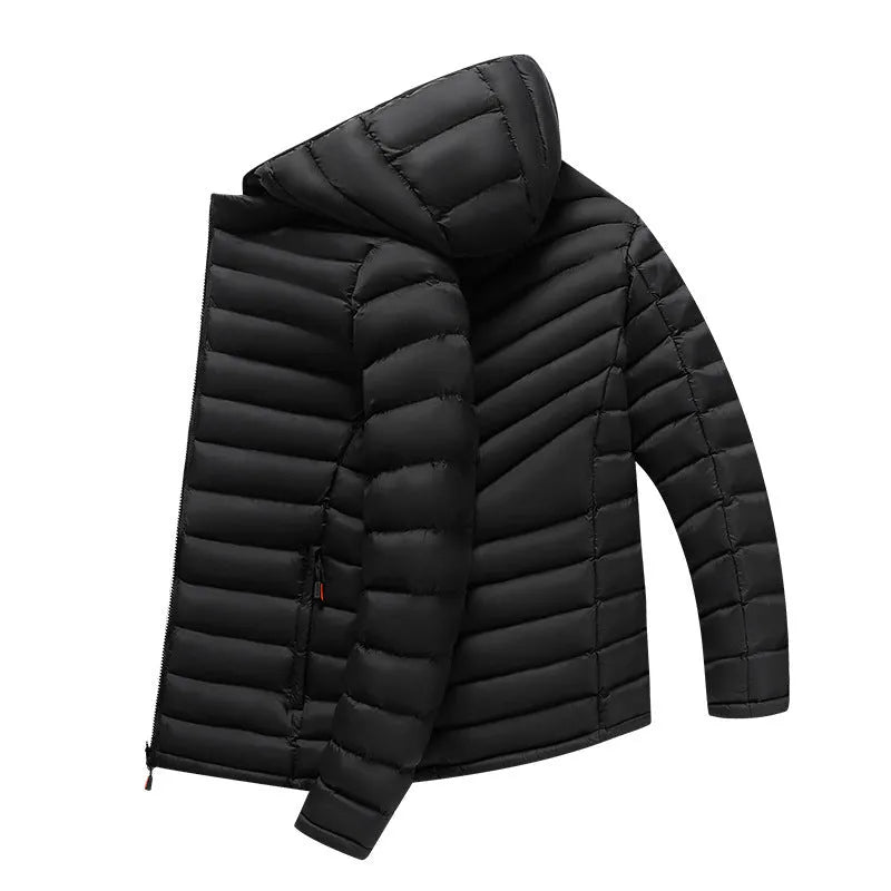 Men's lightweight solid-colour hooded down jacket with a detachable collar and zipper pockets.