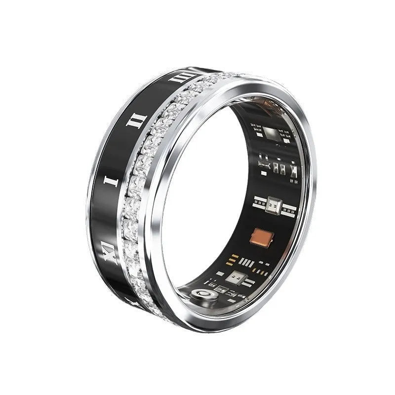 Diamond inlaid smart ring in silver and gold colours showing health monitoring capabilities