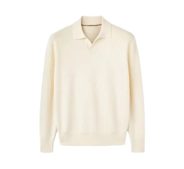 Man's milky white pure wool polo neck sweater with lapel collar and long sleeves.