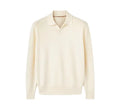 Man's milky white pure wool polo neck sweater with lapel collar and long sleeves.