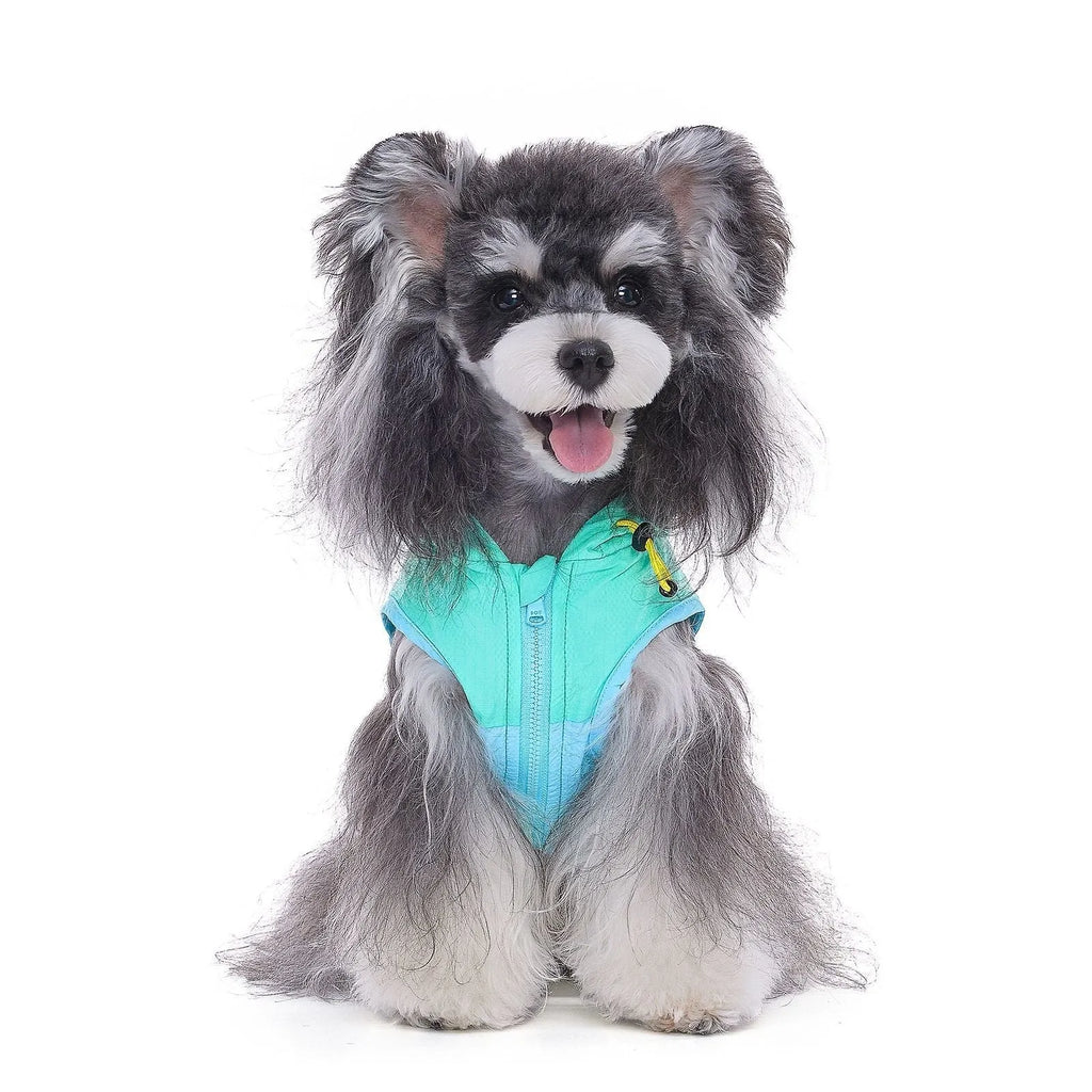 Mookipet 100% nylon dog sun protection vest in blue and green, side view showing traction point, for small dogs sizes XXS to XXL