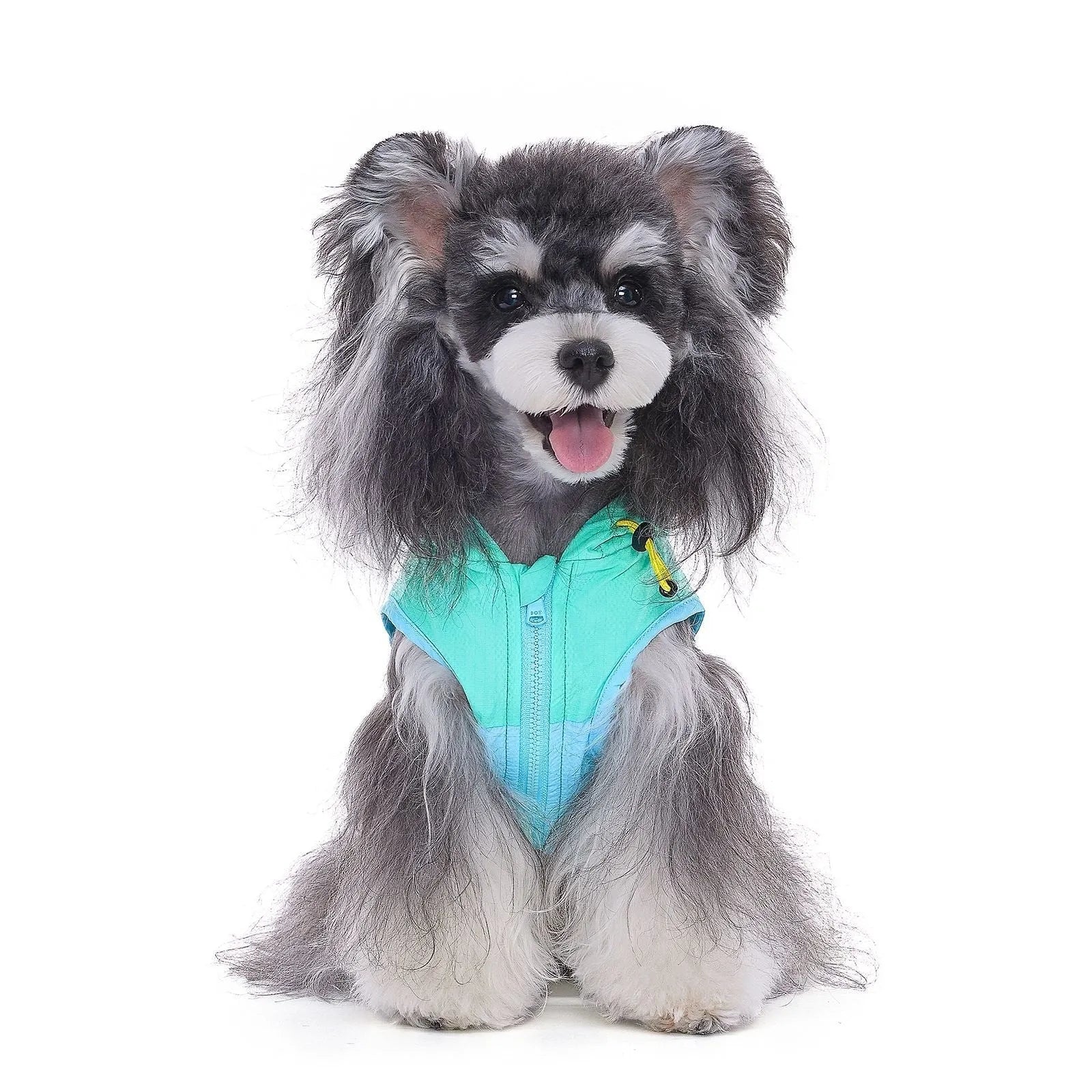 Mookipet 100% nylon dog sun protection vest in blue and green, side view showing traction point, for small dogs sizes XXS to XXL