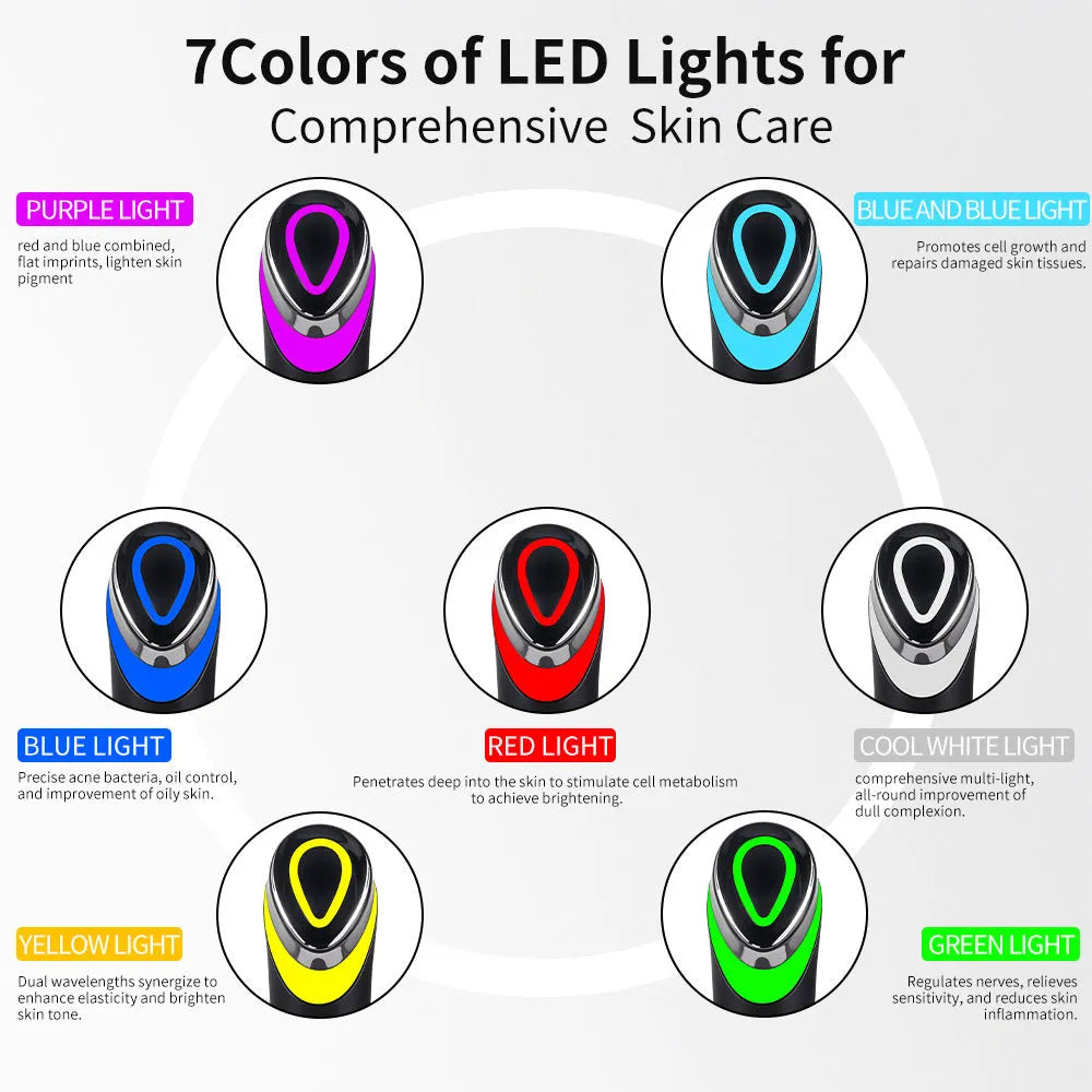 Black eye massager device with LED lights for vibration facial massage and red blue light therapy.