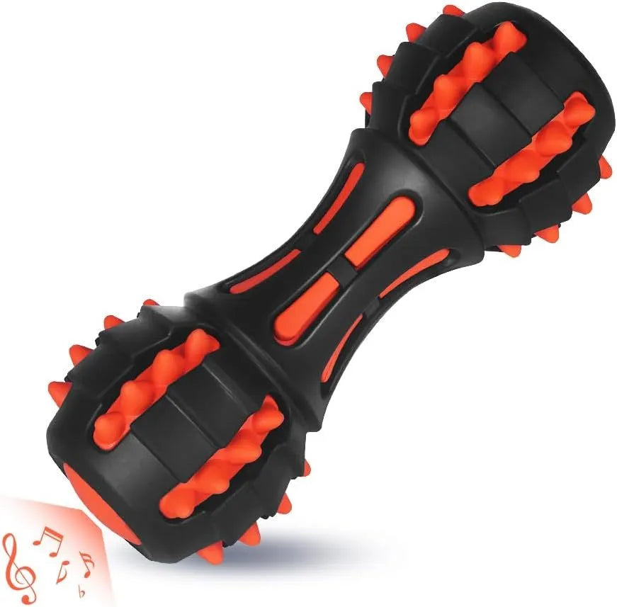Red dumbbell-shaped dog chew toy for aggressive chewers with double-layer rubber construction
