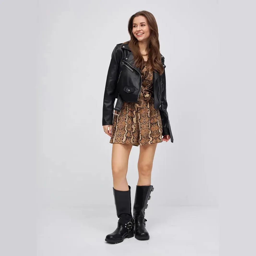 Women's black retro-style PU leather coat with regular sleeves and 50cm length