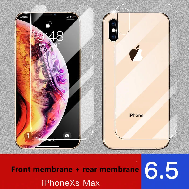 Tempered glass screen protector for Apple iPhone with rear and front film options.
