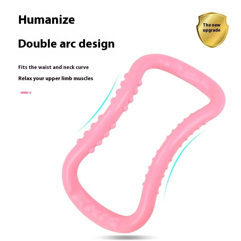 Purple, blue, and pink PP plastic yoga ring for stretching and back exercises.