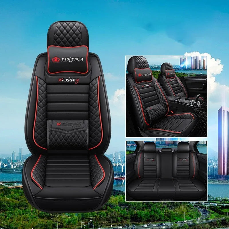 Universal car seat cushion with high elastic sponge filler in red, green, and black colour options.
