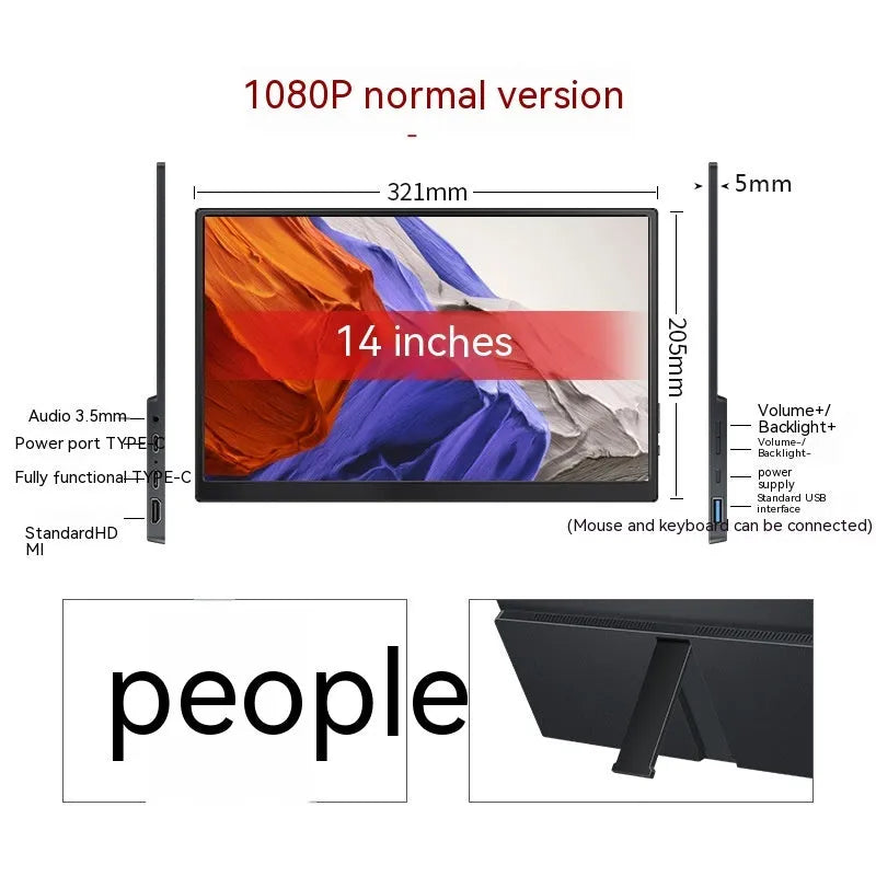 Black portable monitor with 1920x1080 IPS display showing a media scene, with touch screen option available