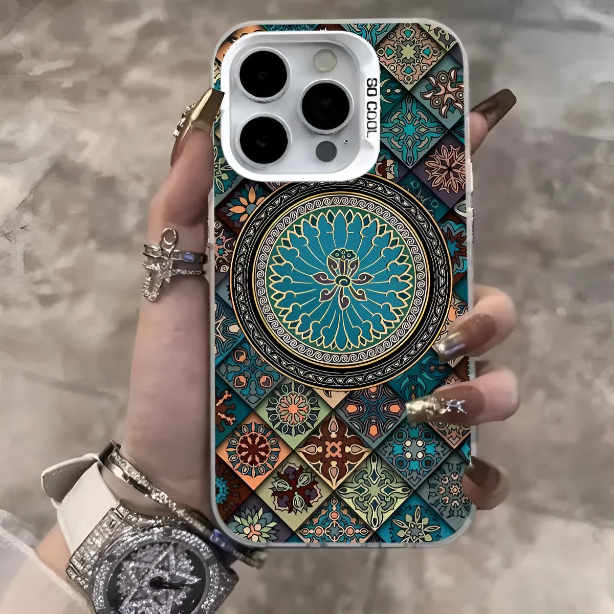Ethnic style patterned iPhone case in silver, hard PC matte anti-slip cover