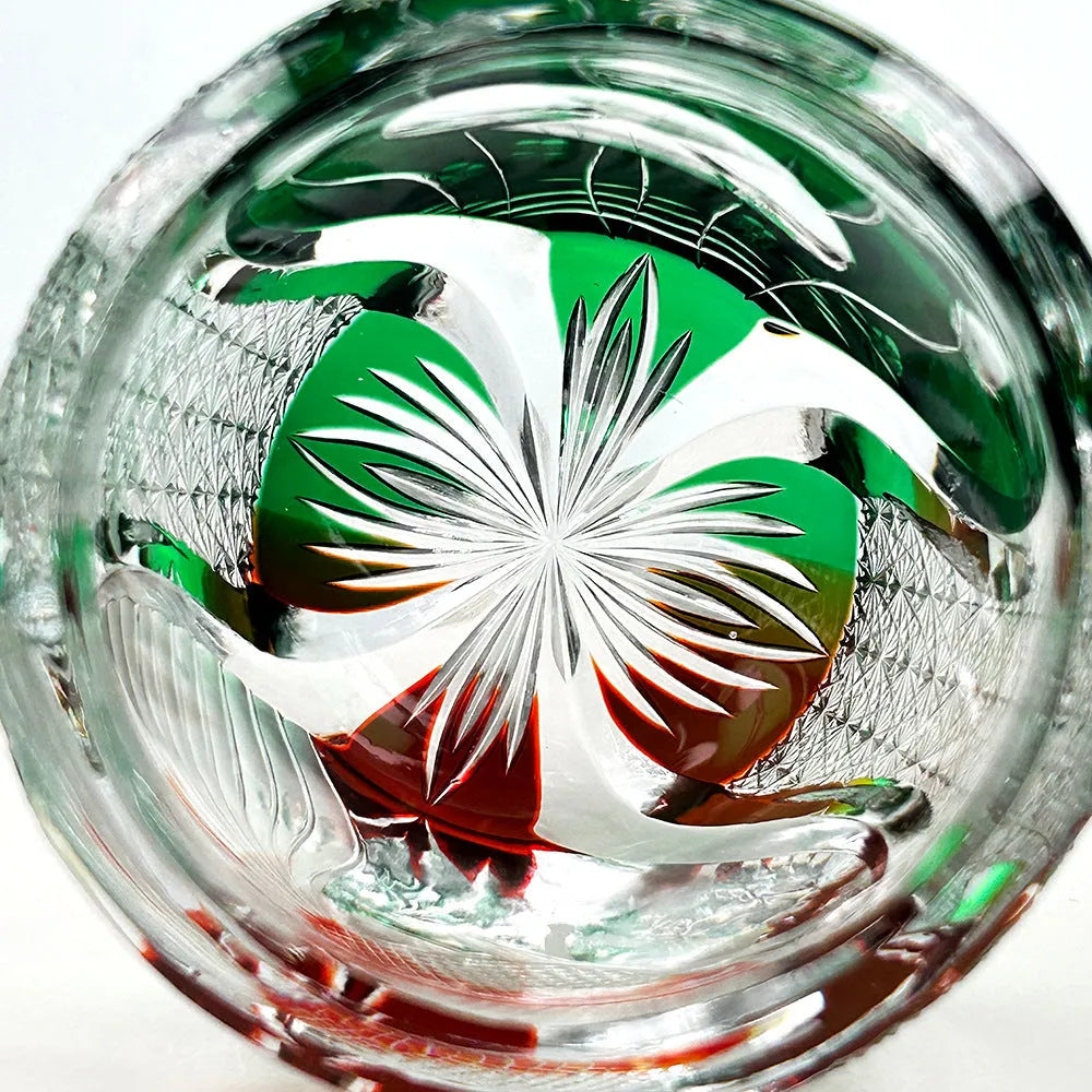 Edo crystal glass whiskey shot glass carved pattern cylindrical assorted yellow green on surface