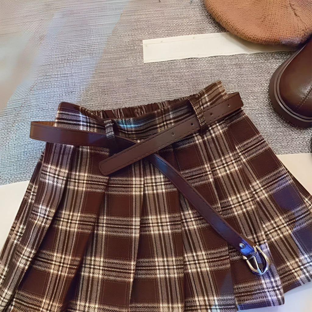 Girls' plaid pleated skirt in cotton blend fabric showing A-line silhouette