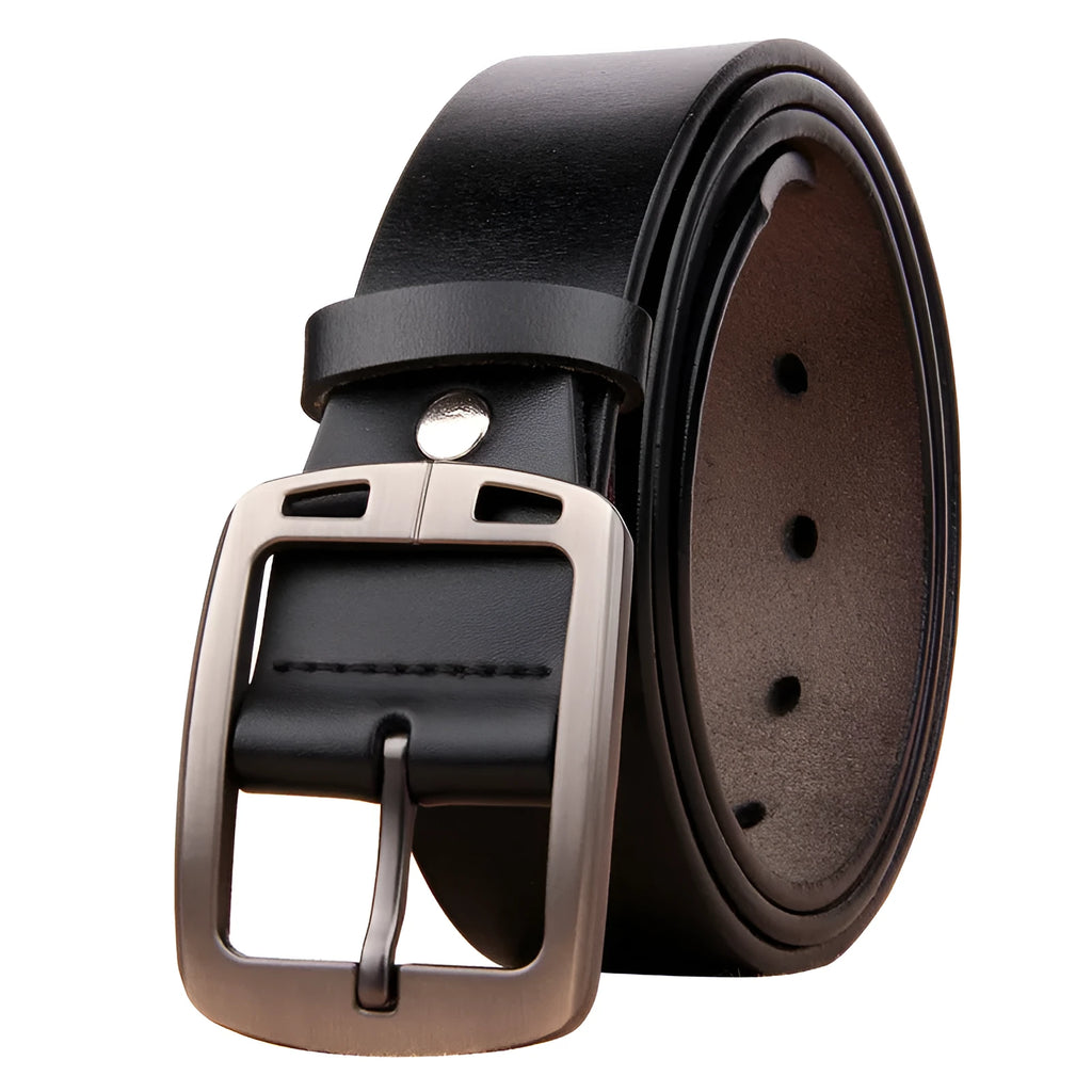 Men's antique pin buckle cowhide belt in black with electroplated buckle