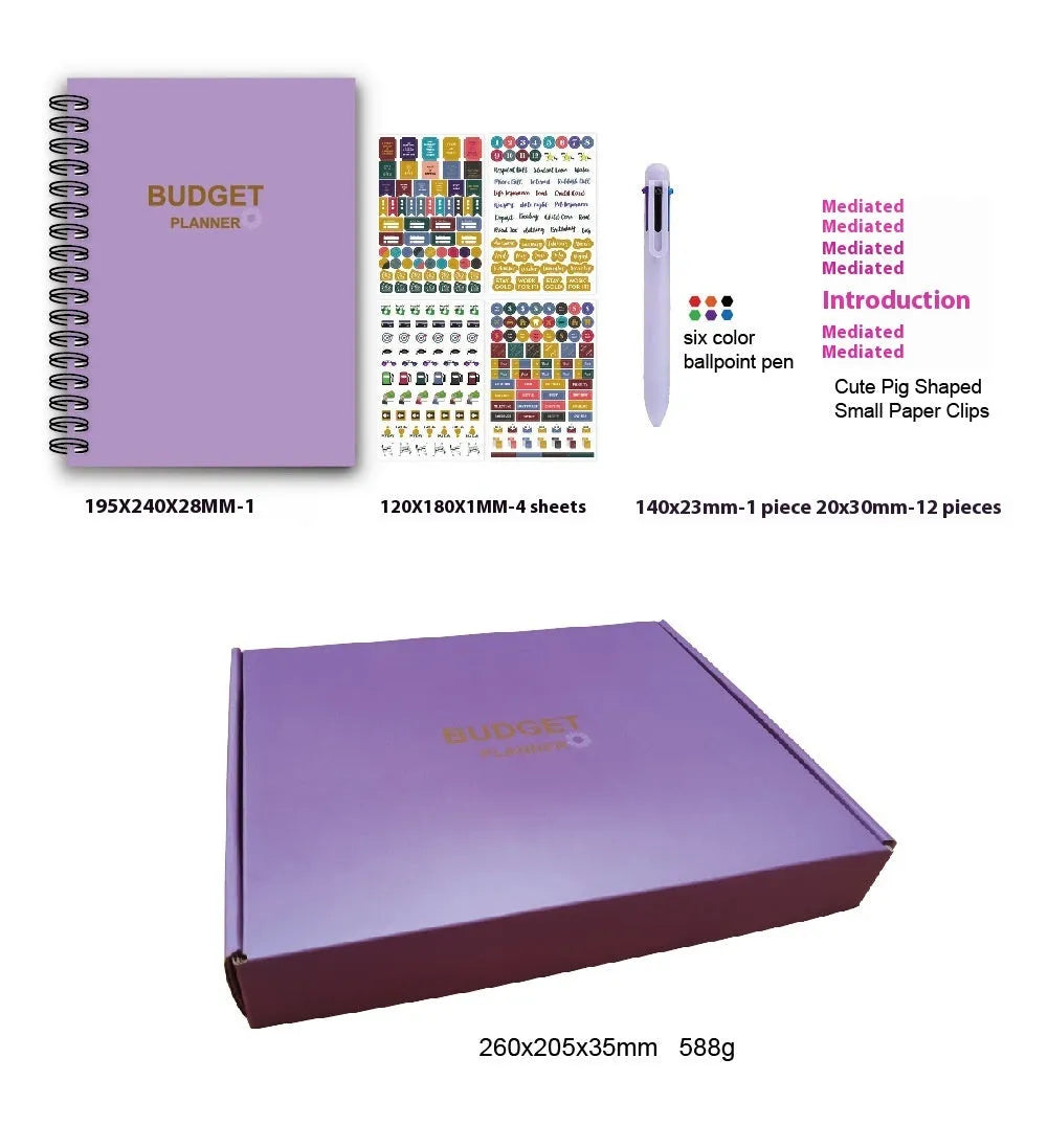 J12 purple coil-bound financial planning notebook with budget stickers and paper clips on Daolin paper pages