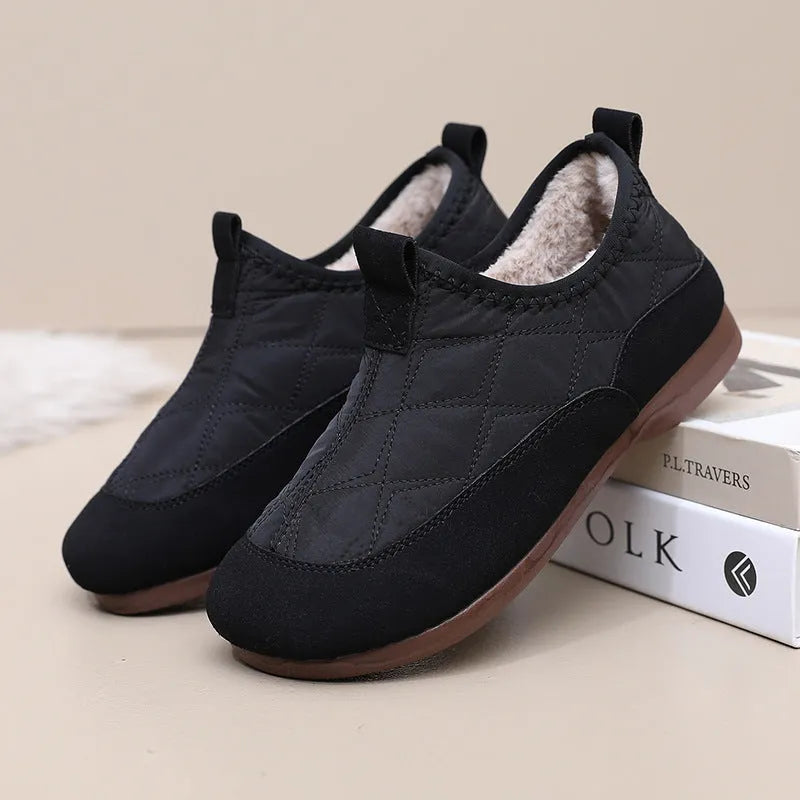 Women's winter cloth shoes with velvet lining, flat gommino sole, solid colour, umbrella cloth upper, slip-on style