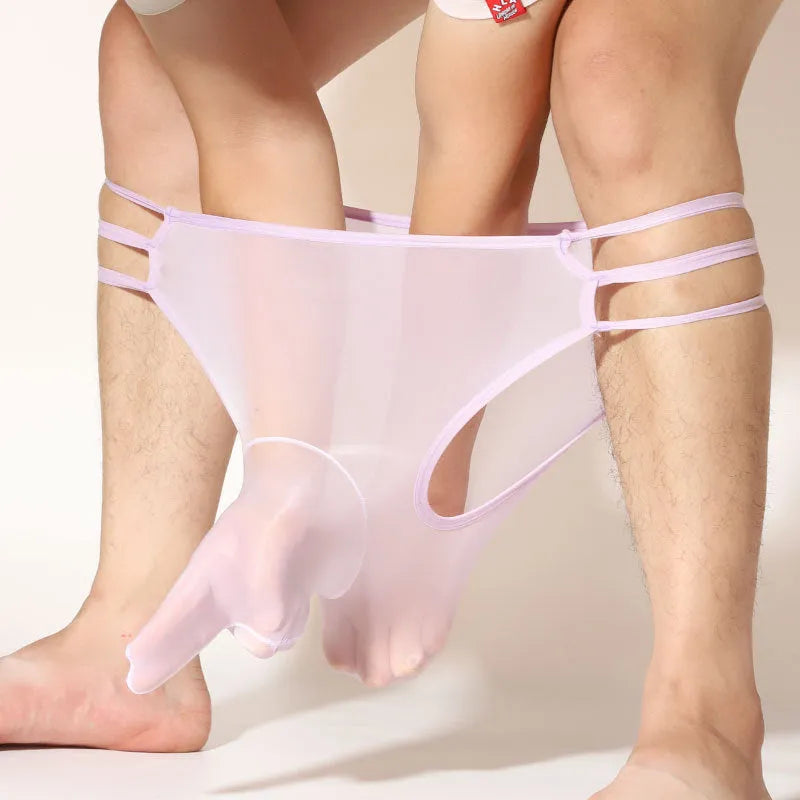 Men's transparent nylon elephant nose shorts in a free size fit on a mid-waist